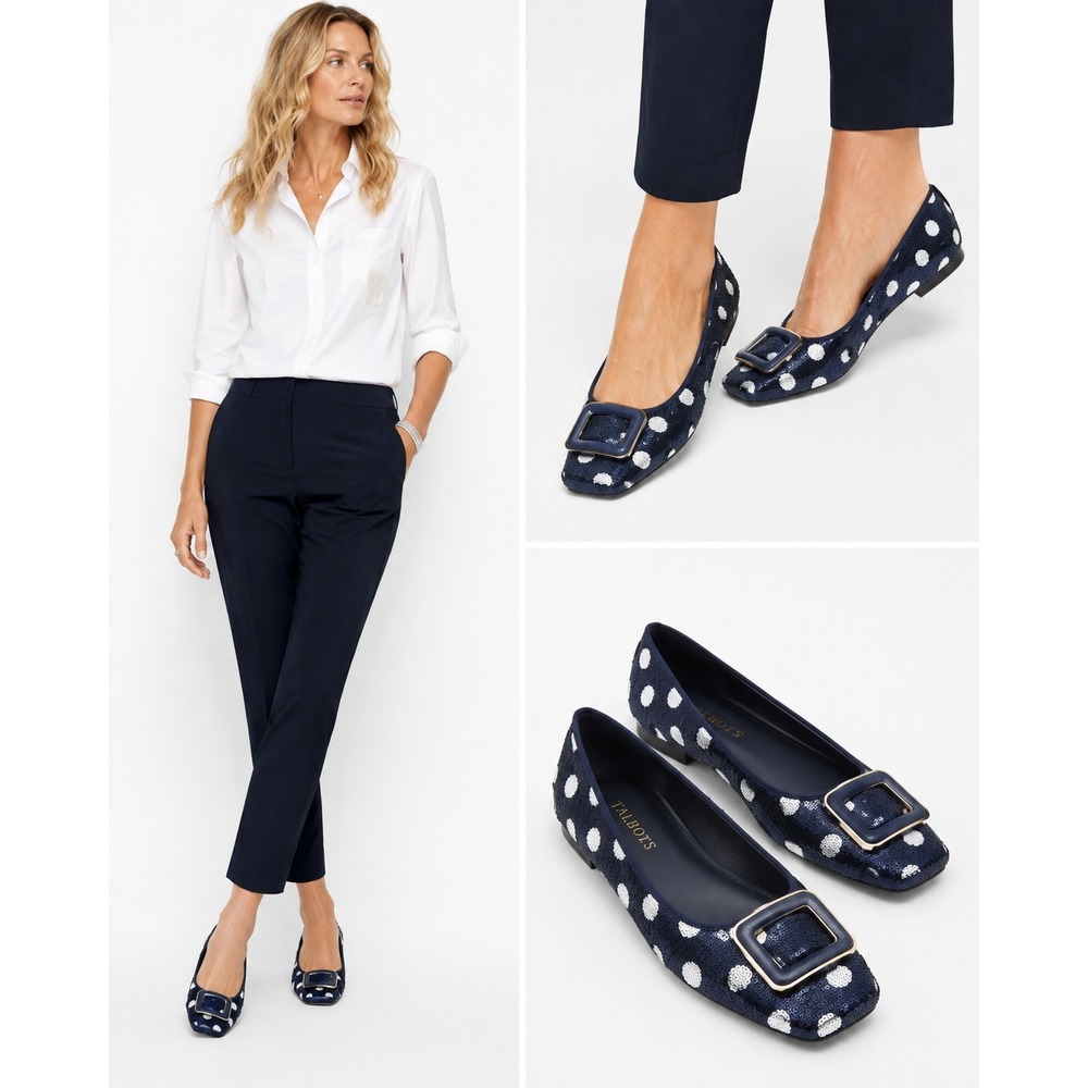 Talbots Flats 9M Navy Blue Sequin Polka Dot Square Toe Buckle Party Holiday Glam